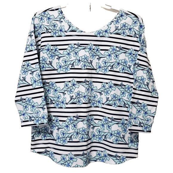 T by Talbots Cotton Blend Striped Floral 3/4 Sleeve Sweatshirt Size Large - Picture 1 of 5